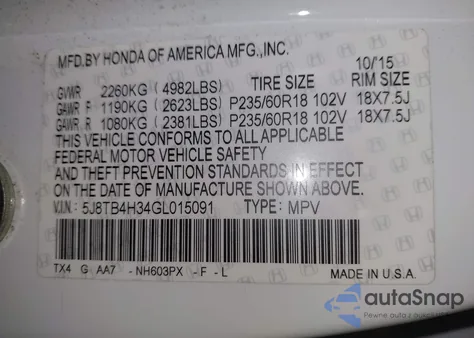 2016 Acura Rdx Acurawatch Plus Package из США, поврежденный, VIN 5J8TB4H34GL015091